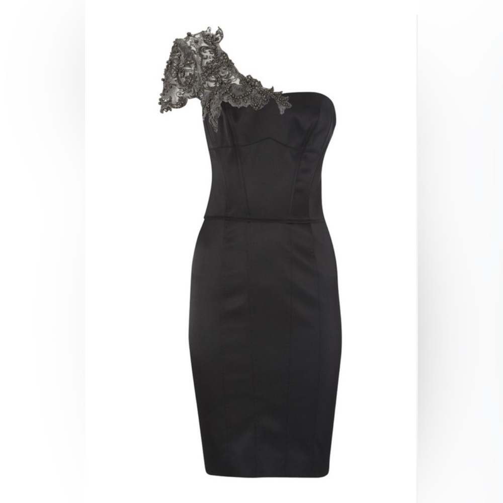 KAREN MILLEN - Elegant Black One-Shoulder satin dress women size 10